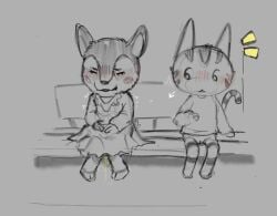 2025 animal_crossing anthro bench big_head biped blush blush_lines blush_stickers bodily_fluids bottomless casual_exposure chibi closed_eyes clothed clothing deer desperation digital_media_(artwork) directional_arrow domestic_cat dress duo emanata embarrassed fauna_(animal_crossing) felid feline felis female fully_clothed fur genital_fluids genitals grimace hands_on_lap hi_res high-angle_view hooves humanoid_genitalia humanoid_pussy leaning lolly_(animal_crossing) looking_at_another mammal markings nintendo on_model paws peeing public pussy raised_arm scut_tail shaking shocked short_tail sitting spot_color steam striped_body striped_fur striped_markings striped_tail stripes sweater tail tail_markings topwear truemew urine watersports wetting