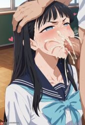 1boy 1girls ai_generated airiakane akebi-chan_no_serafuku akebi_komichi angry_expression asian asian_female athletic_female balls big_balls big_penis black_hair blowjob blue_eyes blush cum cum_explosion cum_in_mouth cum_on_face cum_overflow cum_overflowing cumshot cumshot_in_mouth deepthroat excessive_cum huge_balls huge_breasts huge_cock large_breasts light-skinned_female light-skinned_male light_skin long_hair nai_diffusion oral_sex penis sailor_uniform school_uniform schoolgirl squatting sweat sweatdrop veiny_penis voluptuous voluptuous_female