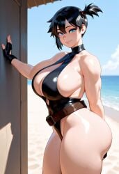ai-created ai_generated ass asymmetrical_hair bangs bare_shoulders beach belt black_gloves black_hair black_one-piece_swimsuit black_swimsuit blue_eyes blue_sky blush breasts brown_belt cleavage closed_mouth clothing cloud covered_navel curvaceous day female female female_only fingerless_gloves gloves gym_leader hair_between_eyes highleg hips huge_ass huge_breasts kasumi_(pokemon) kasumi_(pokemon) large_ass large_breasts legs leotard looking_at_viewer loose_belt misty_(the_electric_tale_of_pikachu) navel ocean one-piece_swimsuit outdoors pokemon pokemon:_the_electric_tale_of_pikachu pokemon_character ponytail shiny_skin short_hair side_ponytail sideboob skindentation sky smile solo standing swimsuit the_electric_tale_of_pikachu thick_ass thick_thighs thighs tied_hair wide_hips
