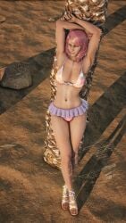 alisa_bosconovitch android bikini breasts cleavage green_eyes heels looking_at_viewer pink_hair robot_girl sand small_breasts tan_body tanline tekken tekken_8 two_tone_hair wink winking_at_viewer