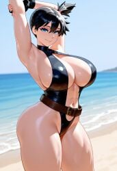 adapted_costume ai-created ai_generated alternative_bust_size armpits arms_behind_head arms_up ass asymmetrical_hair bangs bare_shoulders beach belt bikini black_gloves black_hair black_one-piece_swimsuit black_swimsuit blue_eyes blue_sky blush breasts cleavage closed_mouth clothing cloud covered_navel curvaceous day female female female_only fingerless_gloves gloves hair_between_eyes highleg highleg_swimsuit hips huge_ass huge_breasts kasumi_(pokemon) kasumi_(pokemon) large_ass large_breasts legs leotard looking_at_viewer misty_(the_electric_tale_of_pikachu) navel ocean one-piece_swimsuit outdoors pokemon pokemon:_the_electric_tale_of_pikachu pokemon_character ponytail sand shiny_skin short_hair side_ponytail skindentation sky smile solo standing swimsuit the_electric_tale_of_pikachu thick_ass thick_thighs thighs tied_hair water wide_hips