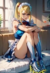 ai_generated embarrassed embarrassed_nude_female leggings maid maid_apron maid_headdress maid_outfit maid_uniform samus_aran submissive submissive_female