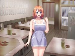 angry angry_eyes angry_face angry_female apron breasts completely_naked completely_naked_female completely_nude completely_nude_female dining_room dining_table female female_only game_cg gigantic_breasts huge_breasts kyonyuu_shokudou_harami_teishoku massive_breasts mizunagi_moeno naked naked_female night nude nude_female schoolgirl