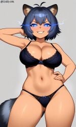 belly_button big_breasts blue_eyes blue_hair eye_trail hand_on_head hand_on_hip in_heat in_underwear navel raccoon_tail racoon_ears racoon_girl sexy_pose tan_skin