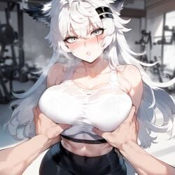 1female 1girls ai_generated animal_ears arknights big_breasts blush breasts female flustered grabbing grabbing_breasts groping groping_breasts gym_clothes gym_uniform hands_on_breasts lappland_(arknights) leggings long_hair looking_at_viewer miyuai sports_bra sportswear surprised surprised_expression sweat sweatdrop sweating sweaty white_hair wolf_girl workout_clothes yoga_pants