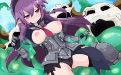 armor armor_knight_(disgaea) armored_female breasts disgaea disgaea_d2 donguri exposed_breasts female_knight large_breasts monster nippon_ichi_software purple_hair slime slime_(disgaea) slime_monster thighs