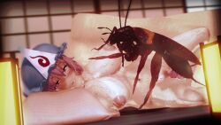 1girls 3d belly_button big_breasts blanket blush breasts cockroach erudekki_(x34igwsy) female hat insects interspecies koikatsu nipples nude pink_eyes pink_hair pussy sucking_nipples sweat touhou vaginal_penetration yuyuko_saigyouji