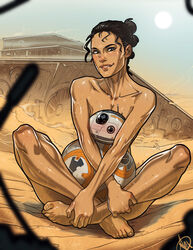 astromech_droid barefoot bb-8 black_hair blush casual cleavage crossed_legs droid feet female ganassa hair_bun human jakku looking_at_viewer nude outdoors rey robot sand signature sitting smile star_destroyer star_wars sweat the_force_awakens toes