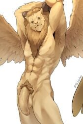 2024 2_horns abs absurd_res anthro areola armpit_hair artist_name balls biceps big_penis biped body_hair brown_mane brown_pubes brown_sclera delicious_in_dungeon demon feathered_wings feathers felid flaccid foreskin fox_banchan front_view fur genitals glans grey_horn hands_above_head hi_res horn humanoid_genitalia humanoid_penis lion lips male male_anthro mammal mane manly mouth_closed multicolored_penis muscular muscular_anthro muscular_male navel nude nude_anthro nude_male obliques pantherine partially_retracted_foreskin pecs penis pink_glans pink_penis portrait pubes pupils quads simple_background slit_pupils snout solo spread_wings standing tan_areola tan_balls tan_body tan_ears tan_fur tan_lips tan_nose tan_penis tan_wings text three-quarter_portrait two_tone_penis vein veiny_penis white_background winged_lion_(delicious_in_dungeon) wings