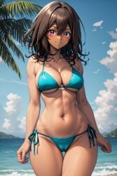 1girl ai_generated arms_at_sides ass_visible_through_thighs bangs bare_arms bare_shoulders beach bikini bikini_bottom bird blue_bikini blue_sky blue_swimsuit blush breasts brown_hair cameltoe clavicle cleavage closed_mouth clothing cloud collarbone dark-skinned_female dark_skin day female female_only hair_between_eyes halterneck horizon large_breasts looking_at_viewer mana_(yu-gi-oh!) medium_breasts medium_hair navel ocean outdoors palm_leaf palm_tree red_eyes rena_aikawa_(pixiv_user) sand side-tie_bikini side-tie_bikini_bottom side-tie_clothing side-tie_swimsuit skindentation sky smile solo standing stomach string_bikini swimsuit thigh_gap thighs tree water yu-gi-oh! yu-gi-oh!_duel_monsters