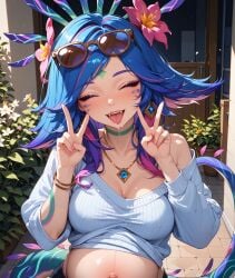 ai_generated blue_eyes blush breeding casual casual_clothes closed_eyes eyes fangs flower_in_hair glasses league_of_legends lol looking_at_viewer love_juice medium_breasts multicolored_body multicolored_hair neeko peace peace_pose pose pregnant sacredstar saliva short_hair tagme tail yellow_eyes