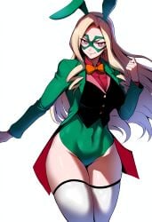 1girls ai_assisted alternate_costume anime black_vest blonde_hair boku_no_hero_academia bowtie bunny_costume bunny_ears bunny_girl bunnysuit clothed clothed_female coattails depravedtsunami domino_mask female_focus female_only fully_nude giantess green_jacket heroine leotard light-skinned_female looking_at_viewer mask masked_female mount_lady my_hero_academia my_hero_academia_ultra_rumble pink_eyes platinum_blonde_hair playboy_bunny smile solo solo_female solo_focus stockings superhero_costume superheroine thicc_thighs thick_thighs thighs toned toned_female tummy white_background white_thighhighs wide_hips wide_thighs yuu_takeyama