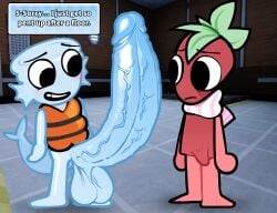 2boys 3d_background blue_skin bulge cartoony dandy's_world erection finn_(dandy's_world) gay hyper hyper_penis juangresipz male_only massive_penis red_skin roblox sprout_(dandy's_world) veiny_penis