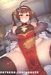 ai_generated azur_lane big_ass big_butt big_thighs blush brown_hair cameltoe china_dress dress fur_trim huge_ass huge_butt huge_thighs ping_hai_(azur_lane) red_eyes sitting small_breasts spread_legs thighhighs wanuze wide_hips