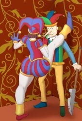 ass background brown_hair child_bearing_hips clothing clown_girl color curvy diklonius female harlequin hi_res huge_ass jester jester_(murder) jester_outfit male multicolored_clothing murder_(flash_game) pale_skin pomni_(the_amazing_digital_circus) sharp_nose the_amazing_digital_circus thick_thighs voluptuous weapon white_skin wide_hips