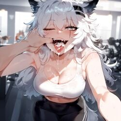 1female 1girls after_blowjob after_fellatio after_oral ai_generated animal_ears arknights boobs breasts cum cum_in_mouth female finger_in_mouth front_view gym_clothes gym_uniform heart-shaped_pupils lappland_(arknights) leggings miyuai semen semen_in_mouth sports_bra sportswear sweat sweatdrop sweaty white_hair wolf_ears wolf_girl workout_clothes yoga_pants