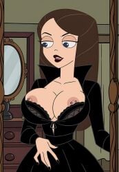 ai_generated big_breasts black_dress black_lipstick black_nails brown_hair goth goth_girl lace_bra phineas_and_ferb pierced_nipples piercing straight_hair vanessa_doofenshmirtz