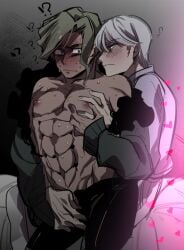 !? 2boys abs black_pants blazer blush closed_mouth clothed_sex cowboy_shot crotch_grab danganronpa danganronpa_3 dark-skinned_male dark_skin fingernails flustered flying_sweatdrops frown full-face_blush fur-trimmed_jacket fur_trim furrowed_brow green_hair grey_jacket guided_pectoral_grab hair_between_eyes heart indoors interracial jacket long_sleeves looking_at_another male_focus multiple_boys munakata_kyousuke nervous_sweating nipples on_bed open_clothes open_jacket pants partially_undressed pectorals sakakura_juuzou sameyama_jiro short_hair single_bare_shoulder sitting sweat thick_eyebrows toned toned_male wavy_hair wavy_mouth white_hair yaoi