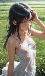 nipples_visible_through_clothing navel navel_visible_through_clothes wet_clothes wet wet_skin wet_body sweat 1girls solo_female female_only skinny dress white_dress sundress ai_generated jamesbron female solo breasts small_breasts nipples long_hair black_hair blue_eyes looking_away blush no_bra high-angle_view from_above