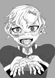 1boy after_blowjob black_and_white blowjob_pov blue_lock blush blush_lines bunny_iglesias cassyd cum cum_drip cum_flood cum_in_hands cum_in_mouth football_player football_uniform hands_open handsome handsome_man heart-shaped_pupils heart_eyes male monochrome no_ai open_eyes open_mouth scar self_upload solo solo_focus submissive submissive_male sweat sweatdrop sweating tears tears_of_pleasure teary_eyes tongue tongue_out
