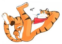 1boy anthro anus blue_nose feline fingering frosted_flakes fur legs_up looking_at_viewer male male_only mammal mascot neckerchief nude orange_fur simple_background solo tiger tohfu tony_the_tiger white_background yellow_eyes