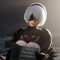 1girls 3d areola_slip blindfold book bubblebubbleb busty cleavage female female_focus female_only large_breasts meme meme_reference mole mole_under_mouth nier:_automata nier_(series) ouch_meme pale-skinned_female pale_skin short_hair white_hair yorha_2b