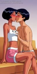 1boy1girl _yumidreams ai_generated alex_(totally_spies) animal_print arm_support aroused bare_shoulders blush breast_grab closed_eyes clothed couple dark-skinned_female french_kiss indoors kissing patreon_username petite petite_body pink_shorts short_hair sofa topless_male totally_spies white_crop_top