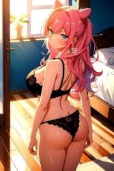 1girls ai_generated bedroom before_sex black_underwear fuufu_ijou_koibito_miman lingerie looking_back solo underwear