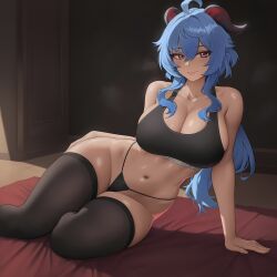 1girls ai_generated blue_hair breasts curvy female female_focus female_only g-string ganyu_(genshin_impact) genshin_impact hi_res horns large_breasts long_hair looking_at_viewer purple_eyes roxor solo tank_top thick_thighs thighhighs thighs wide_hips