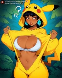 1female 1girl 1girls ? ai_generated animal_hood areola_slip areolae bangs bikini black_hair blunt_bangs blush bra breasts brown_eyes brown_lips chel chel_(the_road_to_el_dorado) cleavage clothing cosplay curvaceous dark-skinned_female dark_skin desiredesignai earrings english_language english_text female female_focus female_only flashing hi_res high_quality high_resolution highres hood hood_up hoodie huge_breasts jewelry large_breasts lips long_hair long_sleeves looking_at_viewer makeup navel nipple_slip nipples open_clothes outdoors parted_lips pikachu pokemon pokemon_(game) pokemon_species shiny_skin shirt solo stable_diffusion standing stomach sweatdrop swimsuit tail text the_road_to_el_dorado thick_thighs thighs underwear wardrobe_malfunction white_bra wide_hips