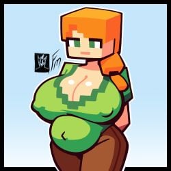 1girls alex_(minecraft) alternate_version_available arms_behind_back big_belly big_breasts brown_pants cleavage clothed clothing expressionless female female_only fungus-man green_eyes green_shirt huge_breasts light-skinned_female light_skin long_hair minecraft navel nipples orange_hair pants pregnant self_upload side_ponytail solo solo_female tagme wide_hips