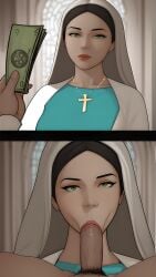 1boy 1girls 2koma :>= ai_generated artist_request black_hair blowjob catholic fellatio green_eyes instant_loss instant_loss_2koma light-skinned_female light-skinned_male light_skin looking_at_viewer nun pov prostitution straight tagme virgin_mary virgin_mary_(profanite)