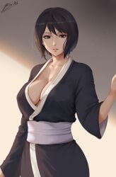 absurdres alvsdraws black_eyes black_hair black_kimono breasts cleavage commentary highres japanese_clothes kimono large_breasts looking_at_viewer mature_female naruto naruto_(series) obi parted_lips sash shizune short_hair signature simple_background smile wide_sleeves