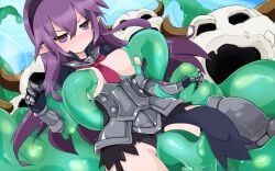 armor armor_knight_(disgaea) armored_female breasts disgaea disgaea_d2 donguri exposed_breasts female_knight large_breasts monster nippon_ichi_software purple_hair slime slime_(disgaea) slime_monster thighs