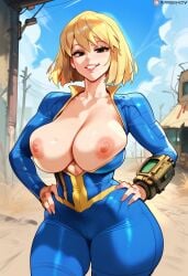 2d ai_generated big_breasts blonde_hair bodysuit breasts_out fallout female female_focus female_only short_hair solo solo_female solo_focus tagme vault_girl vault_suit