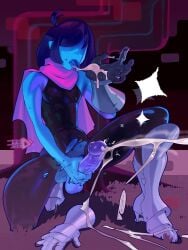 1boy blue_body blue_skin deltarune femboy ickleseed jerking jerking_off jerkingoff kris_(deltarune) licking licking_cum licking_hand male_masturbation masturbation ripped_clothing solo_male twink