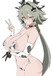 absurdres ammak animal_ears animal_print areola_slip arm_under_breasts bikini blush breasts caesar_king caesar_king_(zenless_zone_zero) cow_print cow_print_bikini double_v elbow_gloves fake_animal_ears female flying_sweatdrops gloves grey_hair grin hair_intakes highres large_areolae large_breasts nervous_sweating print_bikini short_hair_with_long_locks smile solo sweat swimsuit v yellow_eyes zenless_zone_zero