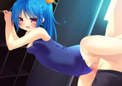 blue_hair censored female hanamiya_natsuka long_hair natsuka_(unagi-unagi-unagi) nipples original penetration ponytail red_eyes school_swimsuit sex solo_focus spread_legs swimsuit swimsuit_aside tied_hair vaginal_penetration