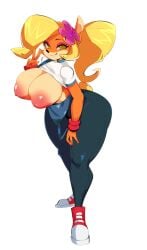 2025 activision bandicoot big_breasts blonde_hair breasts coco_bandicoot crash_(series) crash_(series) female female_only flower flower_in_hair furry nipples orange_fur overalls peace_sign shirt shirt_lift tan_fur thick_thighs thighs tied_hair white_background yellow_eyes