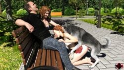 3dx beastiality blowjob canine daz_studio debra_collins_(troxvi) doggy_style female henry_collins_(troxvi) loki public red_hair rori_collins_(troxvi) troxvi