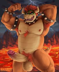 1boy 2025 anthro armband armpit_hair balls barazoku biceps body_hair bowser bracelet chest_hair chest_tuft collar electricity erection evil_grin flexing flexing_bicep forearm_muscles genitals hair hand_behind_head hi_res horn jewelry kaijurah koopa lava licking licking_lips lightning looking_aside male male_only manly mario_(series) mature_male mountain muscular muscular_arms muscular_legs muscular_thighs navel nintendo nipples nude open_mouth pecs penis pubes red_hair scalie slightly_chubby smile solo spiked_armband spiked_bracelet spiked_collar spikes standing tongue tongue_out triceps tuft vein veiny_penis villain