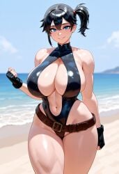 ai-created ai_generated ass asymmetrical_hair bangs bare_shoulders beach belt black_gloves black_hair black_one-piece_swimsuit black_swimsuit blue_eyes blue_sky blush breasts brown_belt center_opening cleavage clothing cloud covered_navel curvaceous day female female female_only fingerless_gloves gloves gym_leader hair_between_eyes highleg highleg_swimsuit huge_ass huge_breasts kasumi_(pokemon) kasumi_(pokemon) large_ass large_breasts leotard looking_at_viewer loose_belt misty_(the_electric_tale_of_pikachu) navel ocean one-piece_swimsuit outdoors parted_lips pokemon pokemon:_the_electric_tale_of_pikachu pokemon_character ponytail shiny_skin short_hair side_ponytail skindentation sky smile solo standing swimsuit the_electric_tale_of_pikachu thick_ass thick_thighs thighs tied_hair wide_hips
