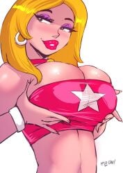 1girls aleksandrgav american_dad bare_arms bare_shoulders belly big_breasts blonde_hair blush clothed clothing color female female_focus female_only francine_smith grabbing_breasts hand_on_breast large_breasts long_hair solo solo_female top