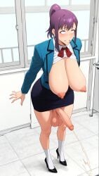 1boy ai_generated blue_blazer classroom_background dickgirl exposed_breasts flushed high_heels indoors large_breasts nipples pencil_skirt penis ponytail purple_eyes purple_hair red_ribbon school_uniform standing sung_jin-ah testicles_visible transgender white_shirt white_socks window yuuki_snow