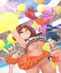 2025 6girls armpits arms_up black_hair blue_hair boku_no_hero_academia breasts brown_hair cheerleader cheerleader_uniform closed_eyes female female_only green_eyes invisible_girl kyoka_jiro mina_ashido momo_yaoyorozu my_hero_academia nipples ochako_uraraka pink_body pink_hair pink_skin pom_poms pussy short_hair skirt thighs tied_hair tooru_hagakure tooru_hagakure_(invisible) tsuyu_asui vice_benedetto