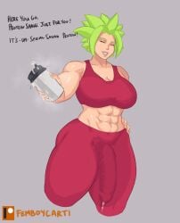 abs bra breasts bulge closed_eyes cum cum_in_clothes cum_in_container cum_in_cup cum_through_clothes dragon_ball dragon_ball_super english_text female femboycarti futanari green_hair grey_background highres intersex kefla kefla_(dragon_ball) large_breasts large_penis muscular muscular_female non-web_source penis smile standing super_saiyan underwear