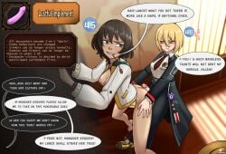 1futa 1girls aida_(limbus_company) before_sex black_hair blonde_hair bottomless breasts_out brown_eyes don_quixote_(limbus_company) english_text feet gameplay_mechanics green_eyes limbus_company nicoffee project_moon standing_sex tagme