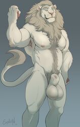 1boy 2016 anthro balls big_balls body_hair chest_hair explicital feline green_eyes happy_trail lion looking_at_viewer male male_only mammal muscular nude penis portrait pose solo standing three-quarter_portrait