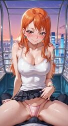 ai_generated big_breasts bulge bulge_through_clothing cameltoe earrings female female_focus ferris_wheel hourglass_figure male nami_(one_piece) nipple_bulge orange_hair panties penis_bulge penis_under_clothes pink_panties see-through sweat sweating sweaty tagme tattoo thick_thighs unseen_male_face