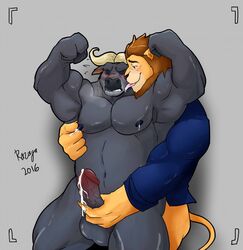 2boys alternate_version_available anthro balls blush bottomless camera_view chief_bogo closed_eyes clothed clothing cum disney duo erection feline flexing flying_sweatdrops gay grope handjob horn humanoid_penis lactation leodore_lionheart licking lion male male_lactation male_only mammal mane musclegut navel nipple_pinch nipple_play nude pecs penis precum raised_arm razuya.torazaki signature standing straining suit sweat sweatdrop tongue tongue_out vein veiny_penis water_buffalo yaoi zootopia